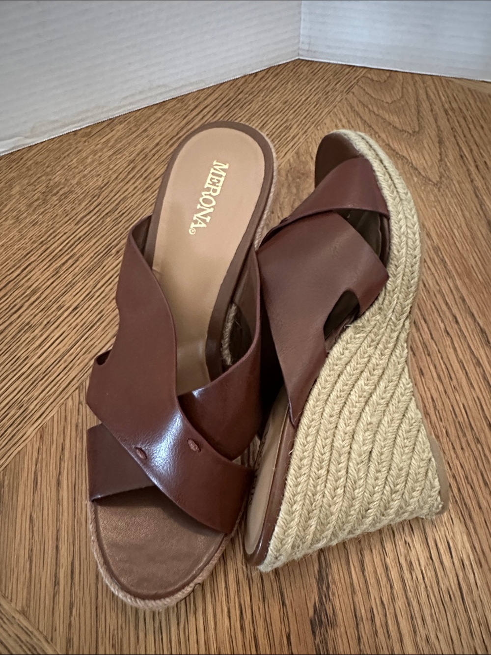 Merona Brown Leather Crossover Espadrille Wedge Mules